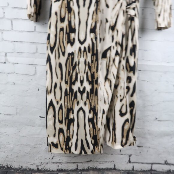 TAHARI ASL CREAM TAN & BLACK ANIMAL PRINT 3/4 SLEEVE MOCK WRAP MIDI DRESS SIZE 2 - Picture 9 of 12